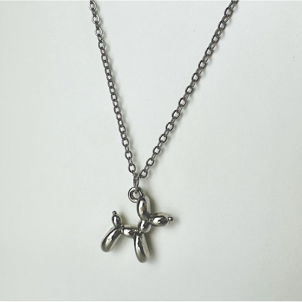 Balloon Dog Necklace Pendant w 17” Silver Adjustable Chain, Koons